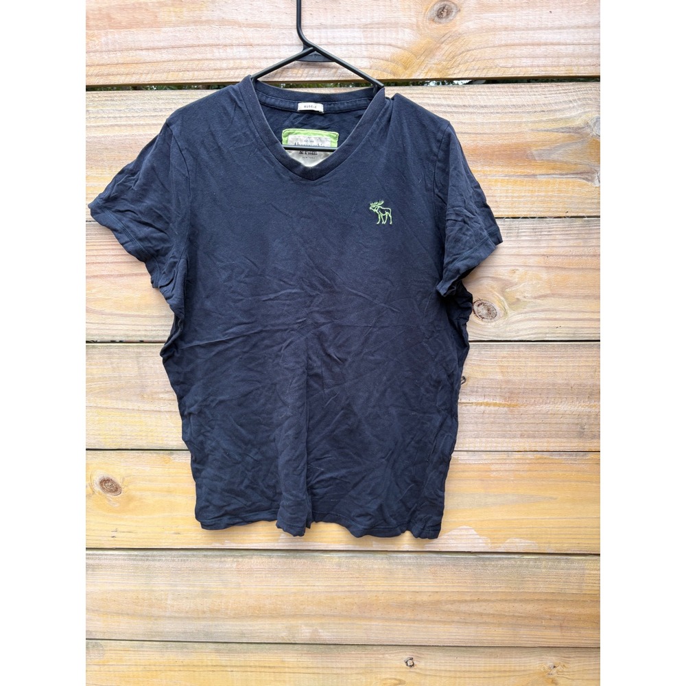 Abercrombie & Fitch Mens XXL Muscle Fit V-Neck T-Shirt Navy Green Moose Logo